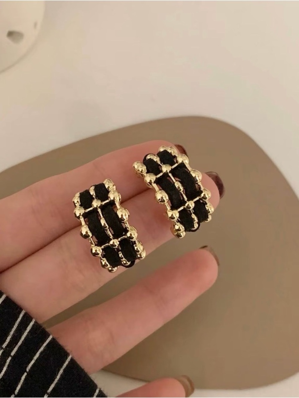 18K Gold Black Vegan Leather Woven C Shape Hoop Luxury Fashion Inspired Earrings